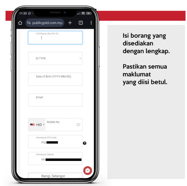 Example Public Gold registration form