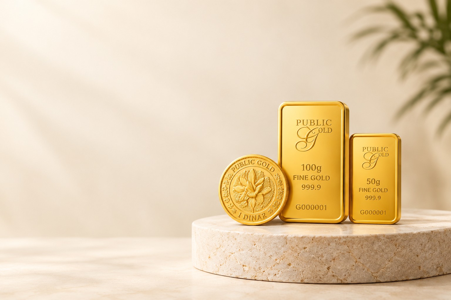Gold bar 100 gram dan 50 gram serta dinar emas Public Gold di atas podium batu