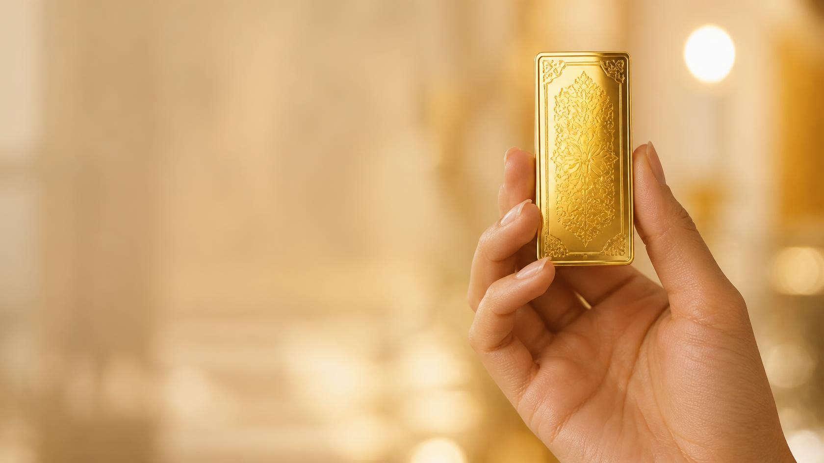 Hand holding a gold bar
